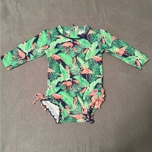 Ruffebutts Flamingo Print Long Sleeve Swimsuit - Coral & Green